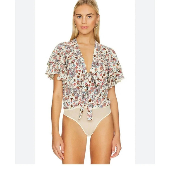 Free People Tops - Free People Women's Call Me Later Bodysuit Floral in White Size Small